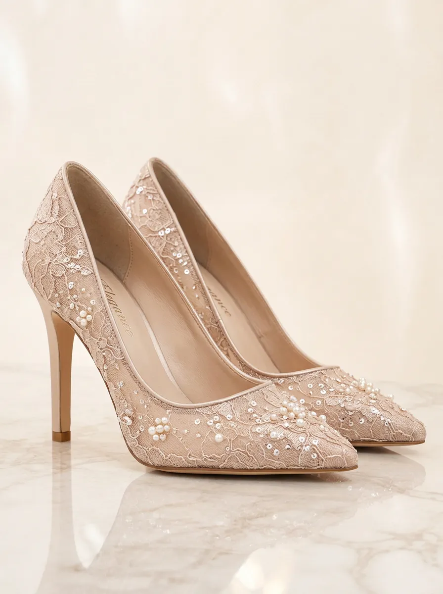 Pearl Floral Lace-Detail Sequin Women's Formal High Heels