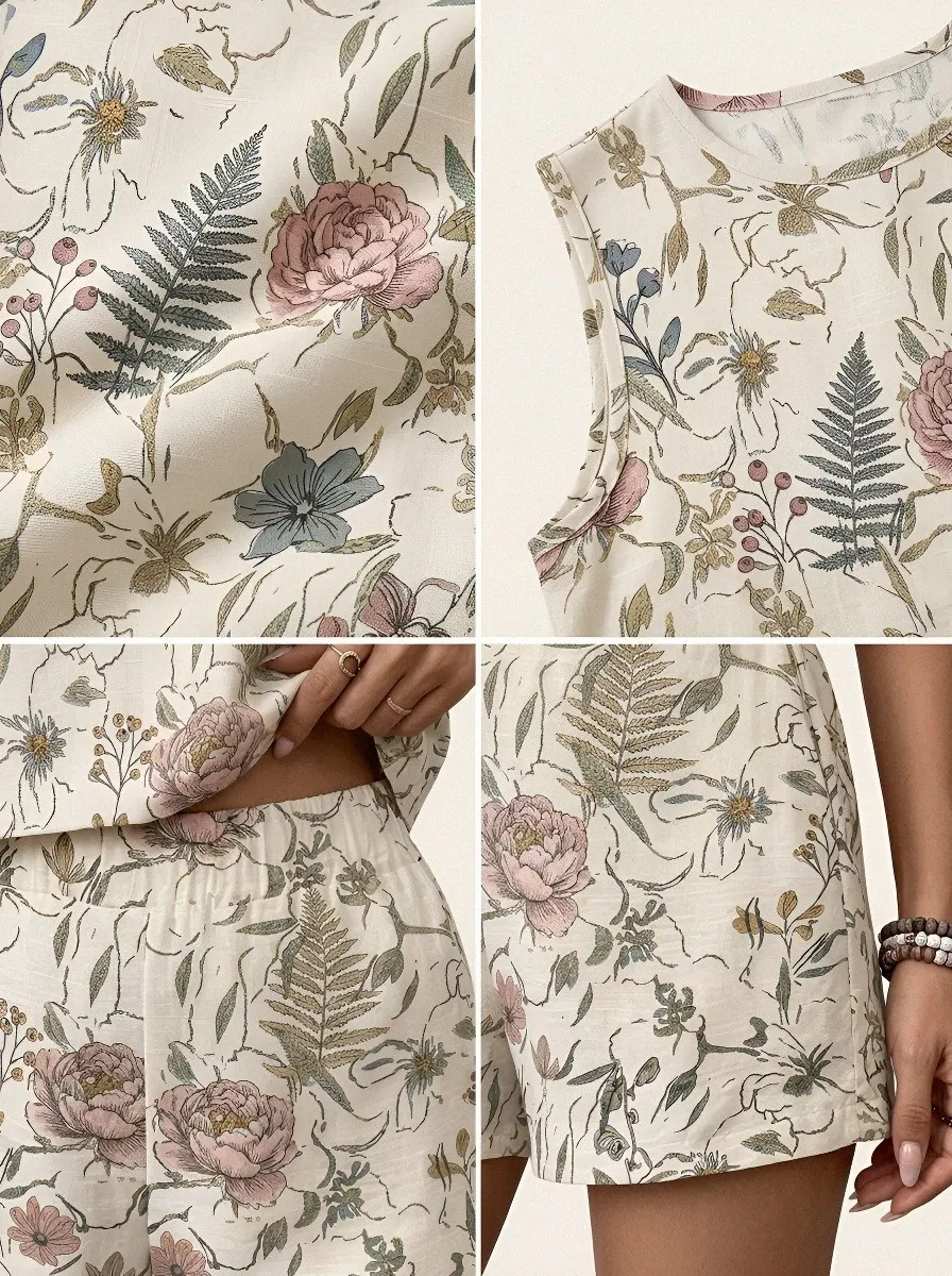 Women's Botanical Floral Fern Printed Sleeveless Shorts Set