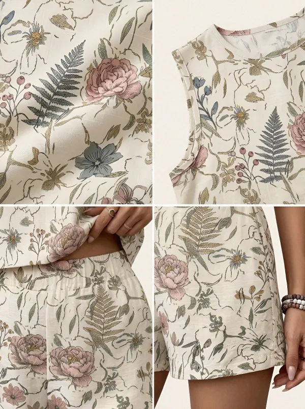 Women's Botanical Floral Fern Printed Sleeveless Shorts Set