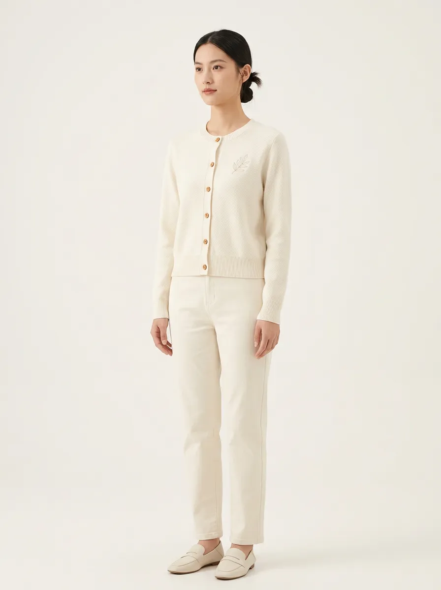 Women's Minimalist Nature Lover Leaf Embroidered Buttoned Cardigan