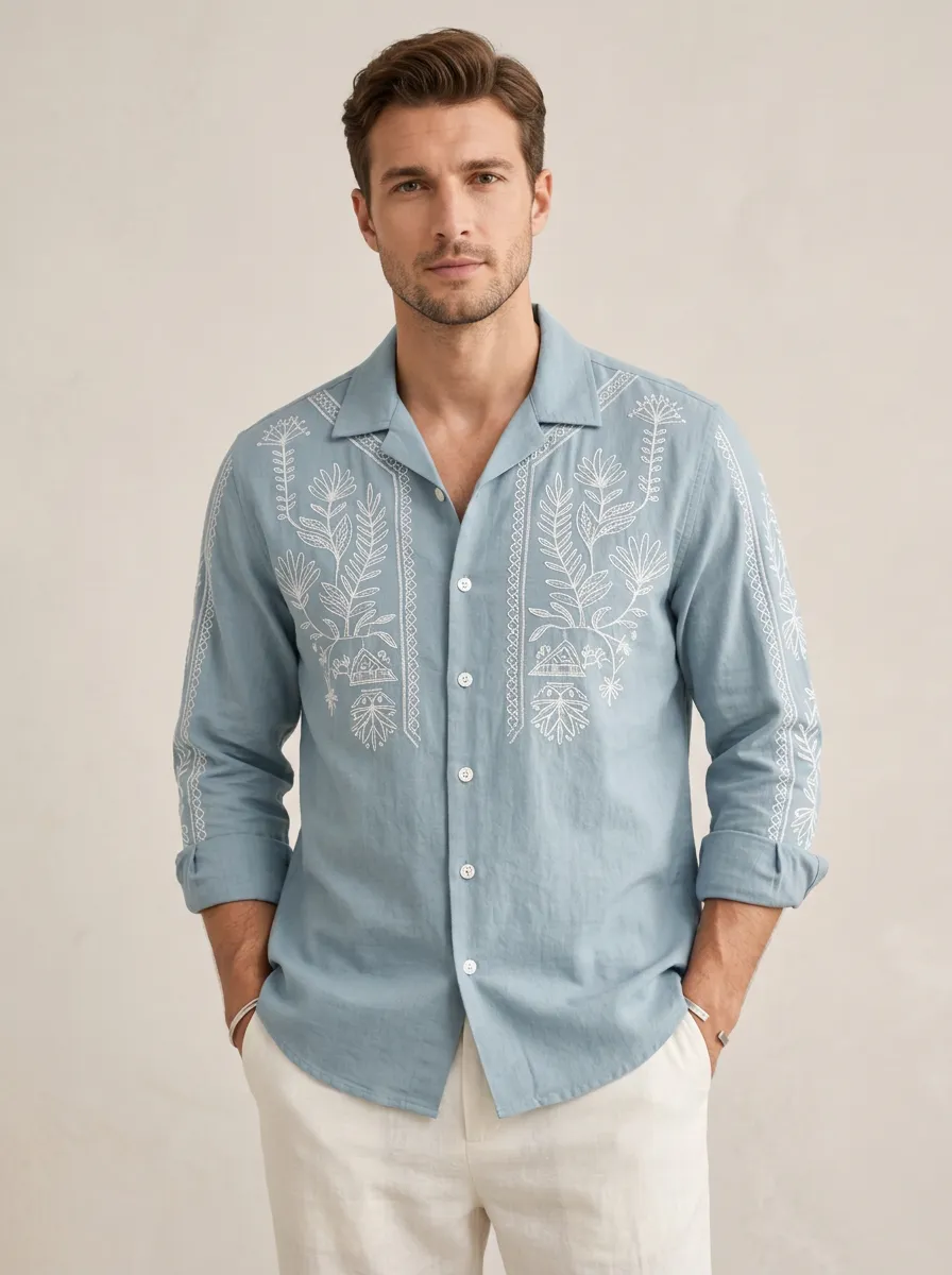 Men's Relaxed Floral Boho Embroidered Shirt