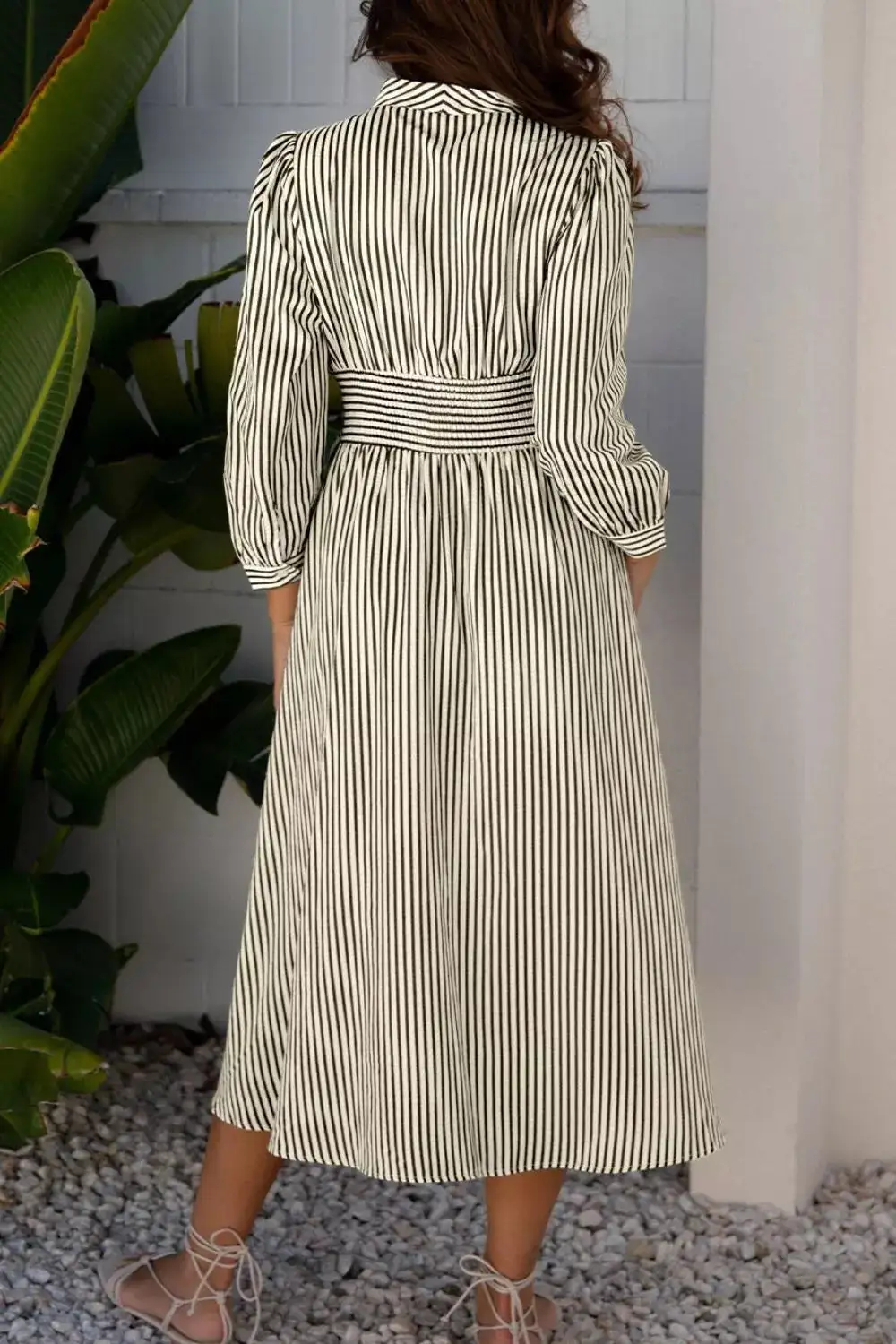 Striped V Neck Zip Front Midi Dress