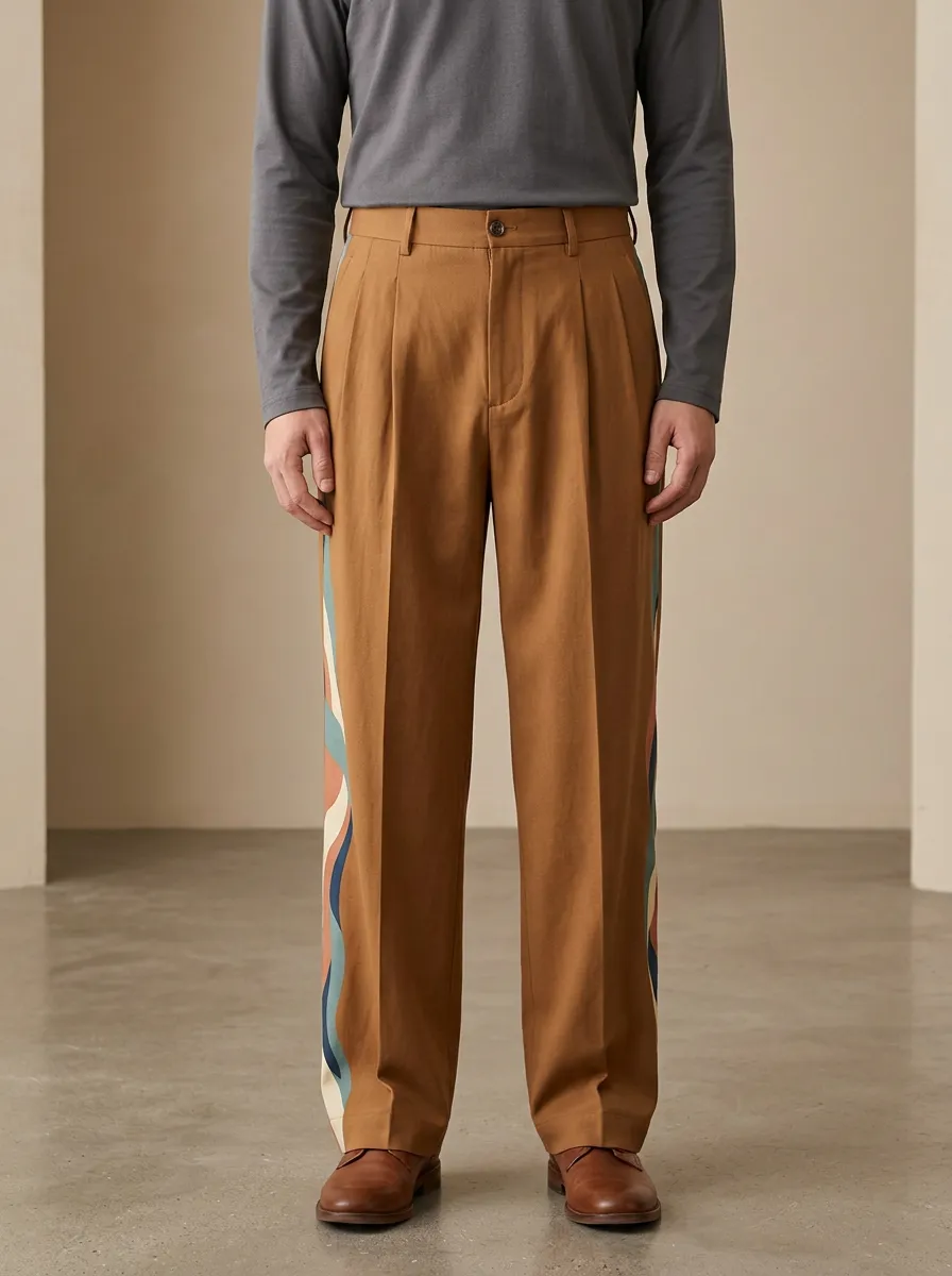 Men's Casual Retro Wave Side-Stripe Printed Wide Leg Pants