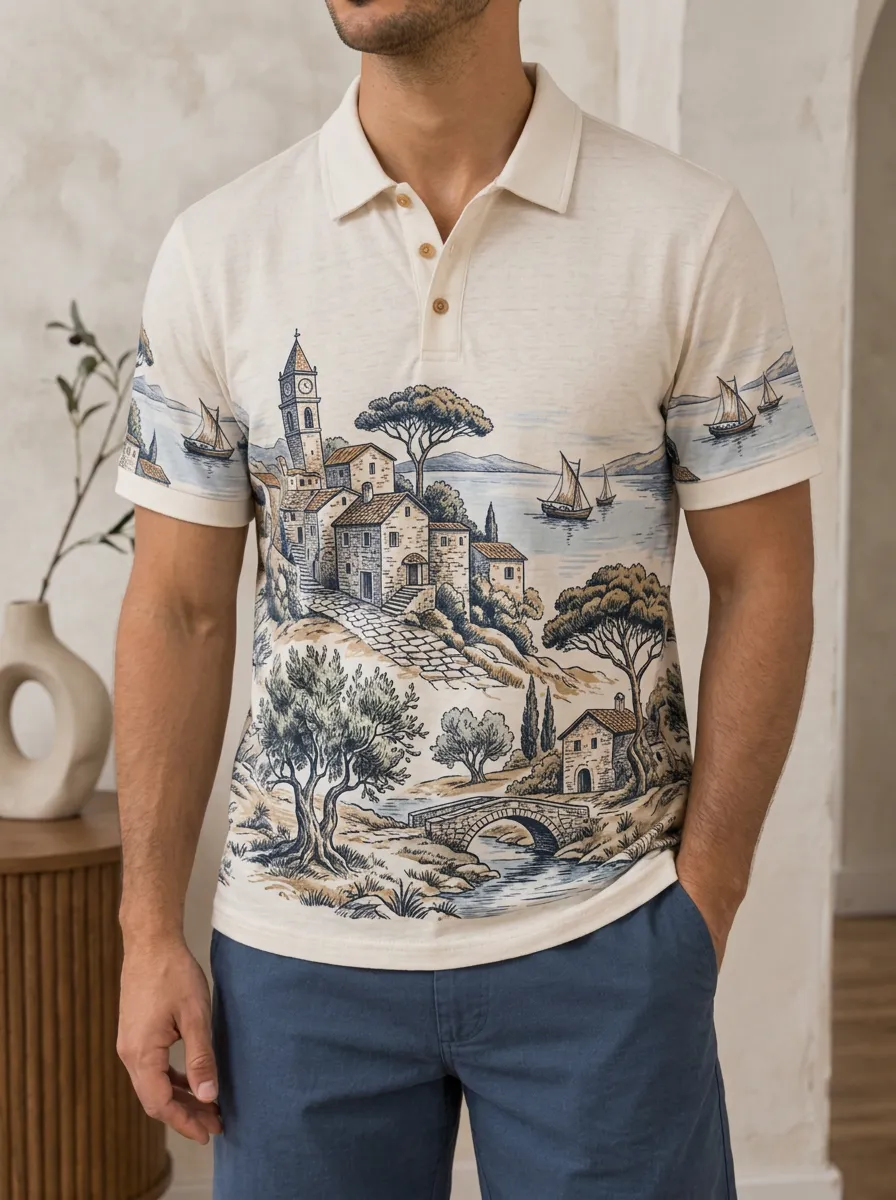 Men's Mediterranean Landscape Sailboat Printed Polo Shirt Weekend Casual Style