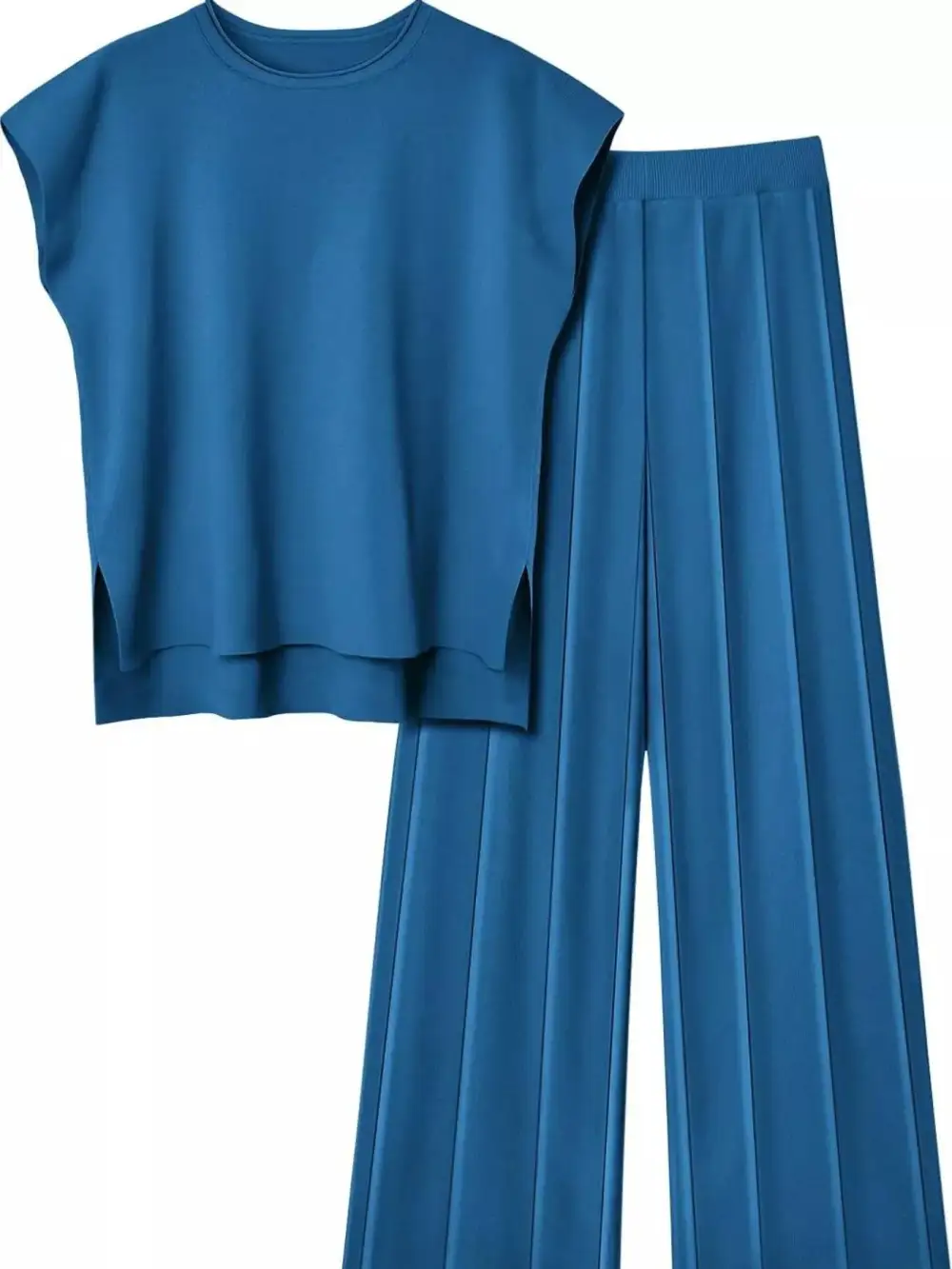 Relaxed Casual Solid Cap Sleeve Top and Pants Knit Set
