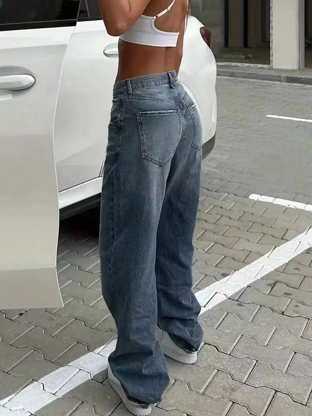 Structured Wide Leg Washed Denim Jeans