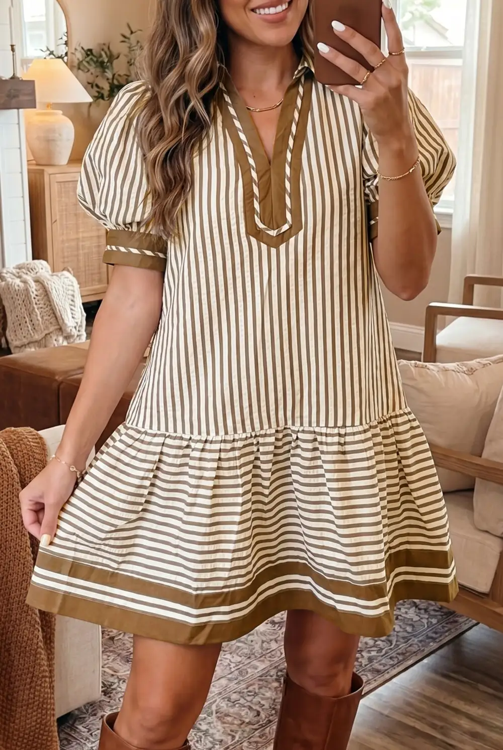 Striped Ruffle Trim Mixed Panel Mini Dress