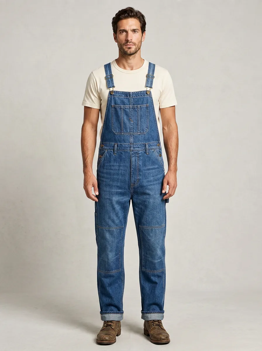 Men's Vintage Style Blue Denim Washed Bib Overalls