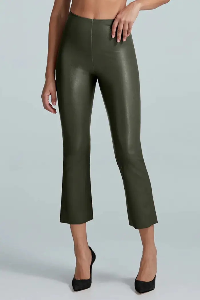 Women's Olive Faux Leather Crop Flare Pants