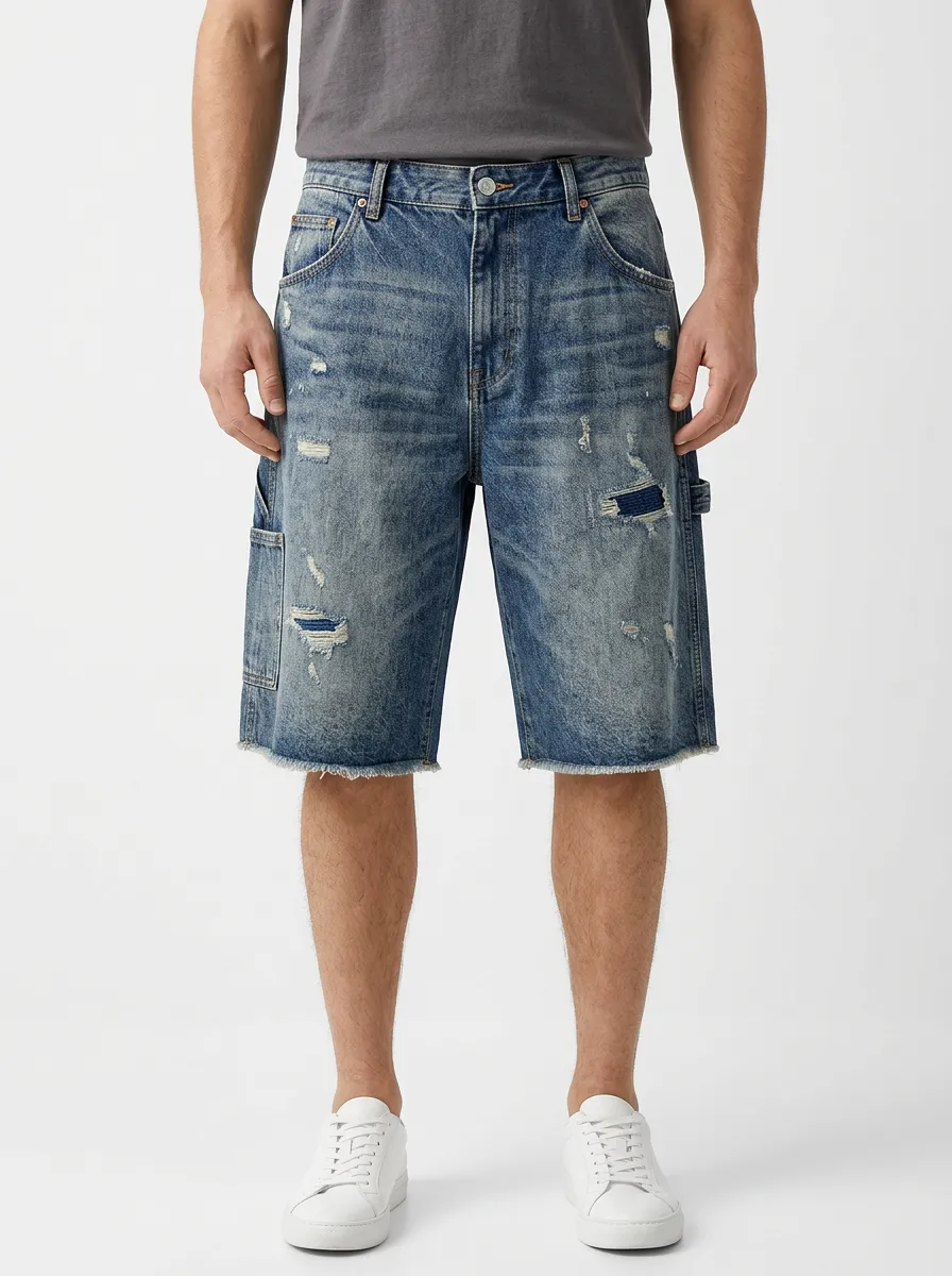 Men's Classic Distressed Raw Hem Denim Shorts
