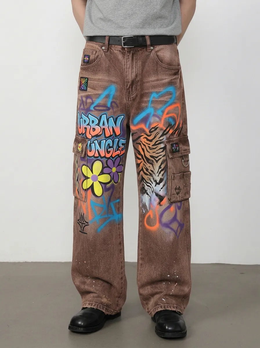Men's Streetwear Urban Jungle Tiger Flower Graffiti Graphic Cargo Jeans