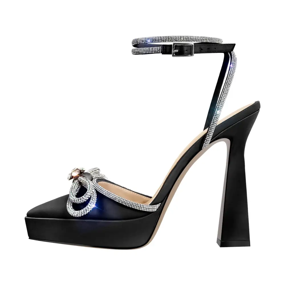 Rhinestone Pointed Toe Low Platform Chunky Heel Pumps