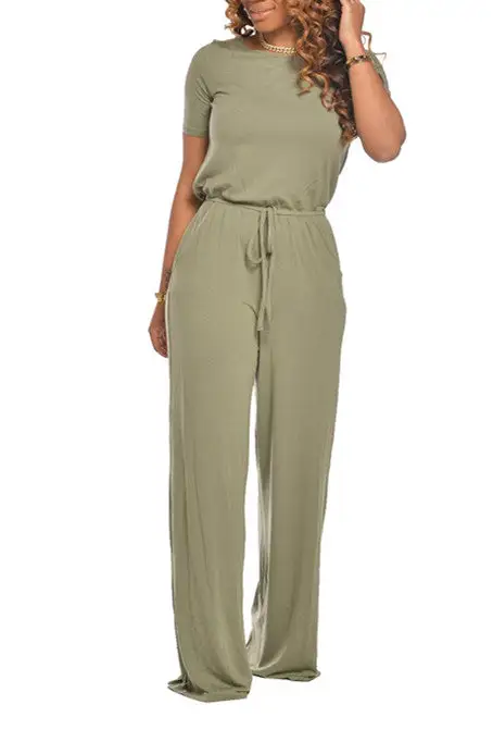 Short Sleeve Wide-leg Jumpsuit with Drawstring Waist