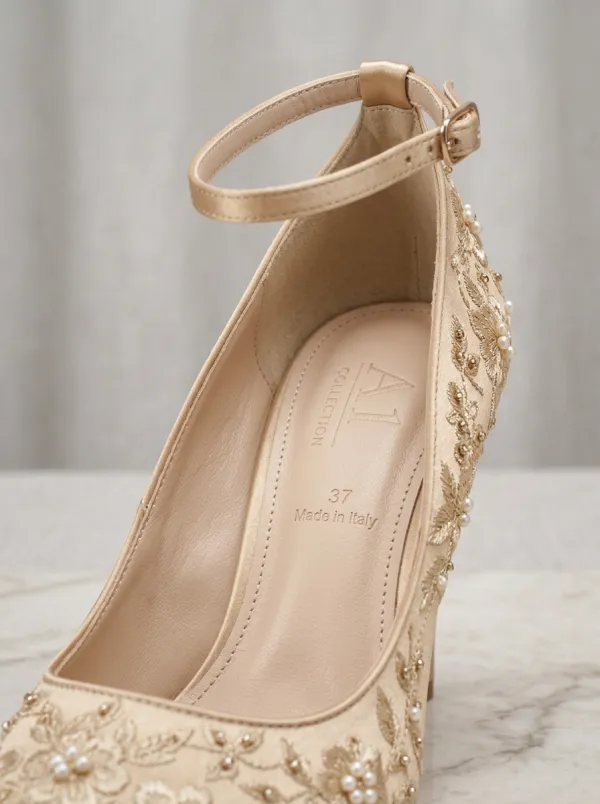 Pearl Floral Embroidered Ankle-Strap Women's Formal High Heels