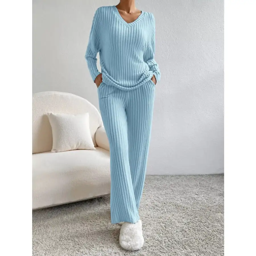Classic Ribbed Knit Long Sleeve Top and Pants Set