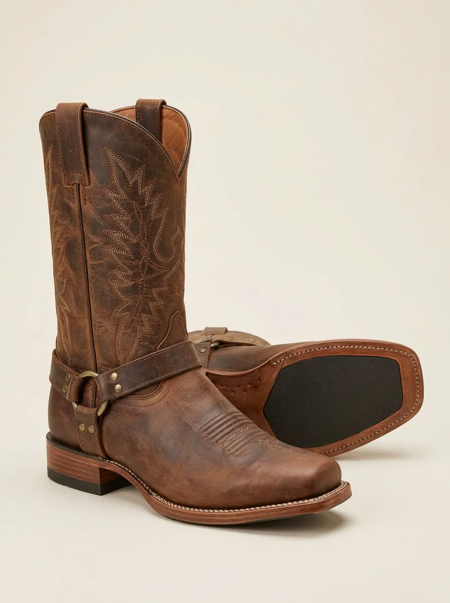 Men's Classic Western Brown Leather Harness Printed Cowboy Boots