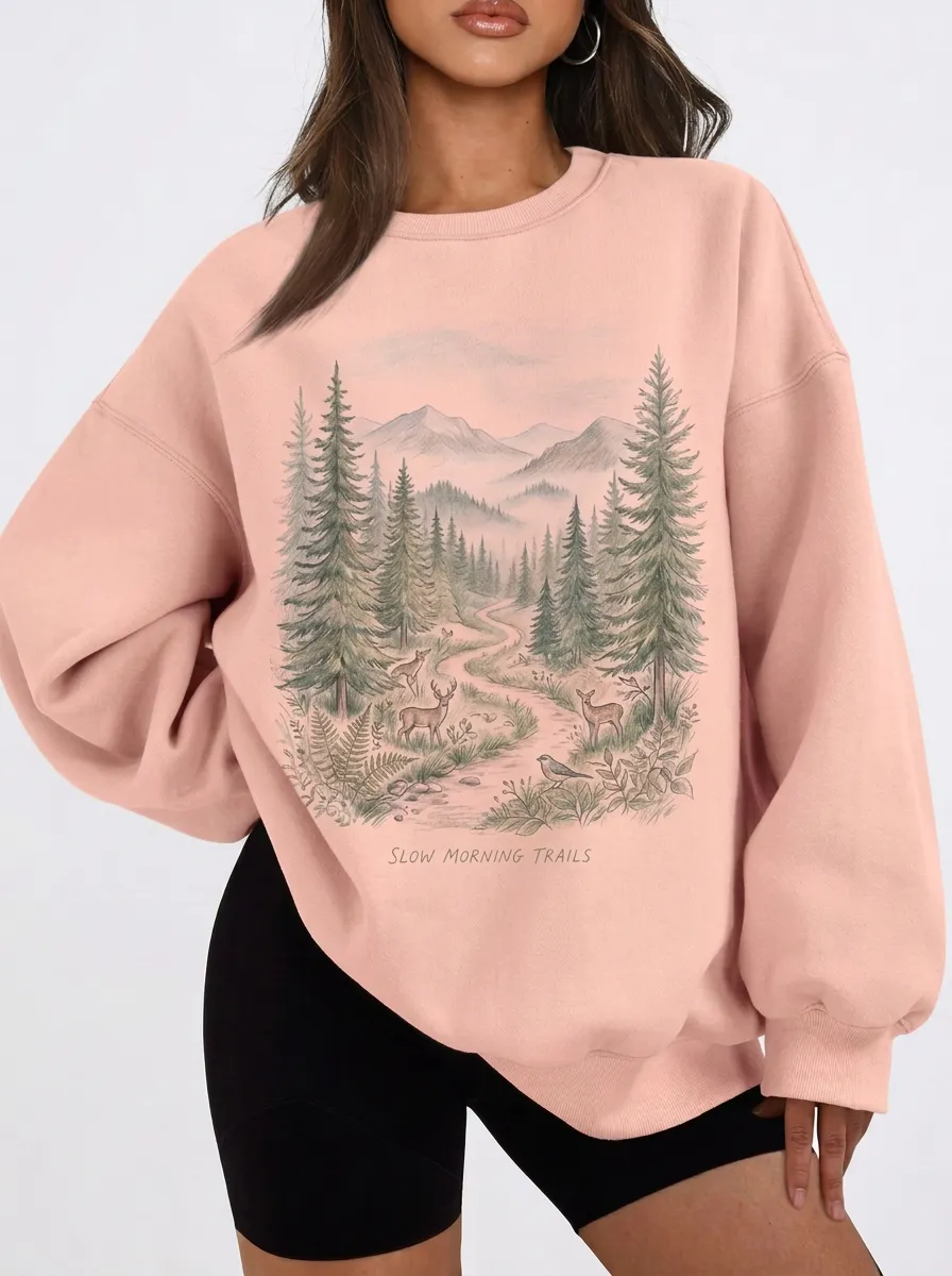 Women's Nature Forest Deer Landscape Graphic Sweatshirt