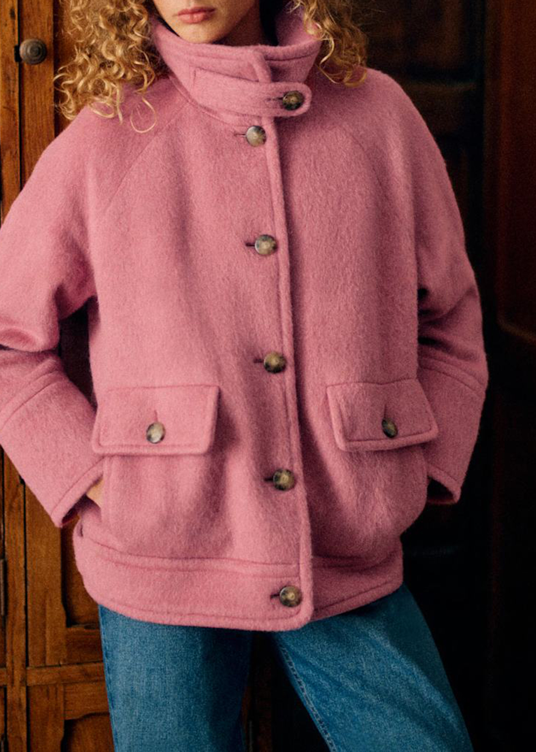 High Collar Short Button Front Coat