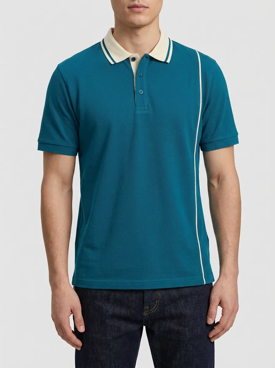 Men's Navy Blue Contrast Collar Striped Polo Shirt