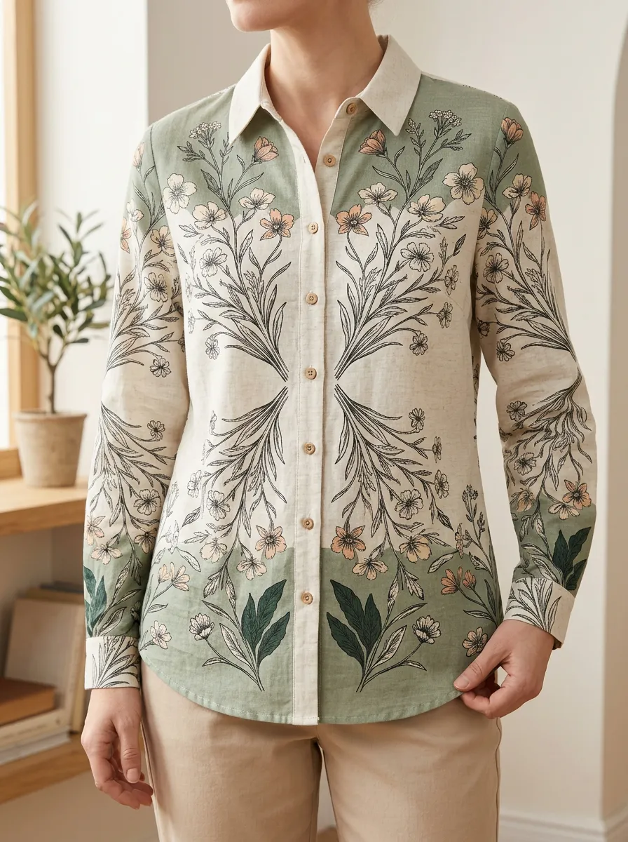 Women's Botanical Floral Nature Lover Sage Green Printed Shirt