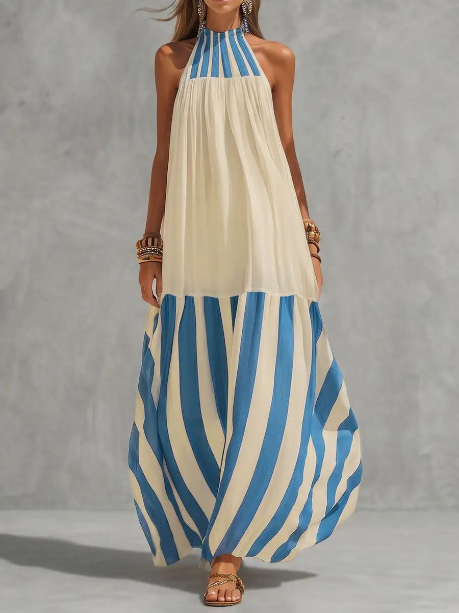 Striped Pleated Neck Maxi Dress