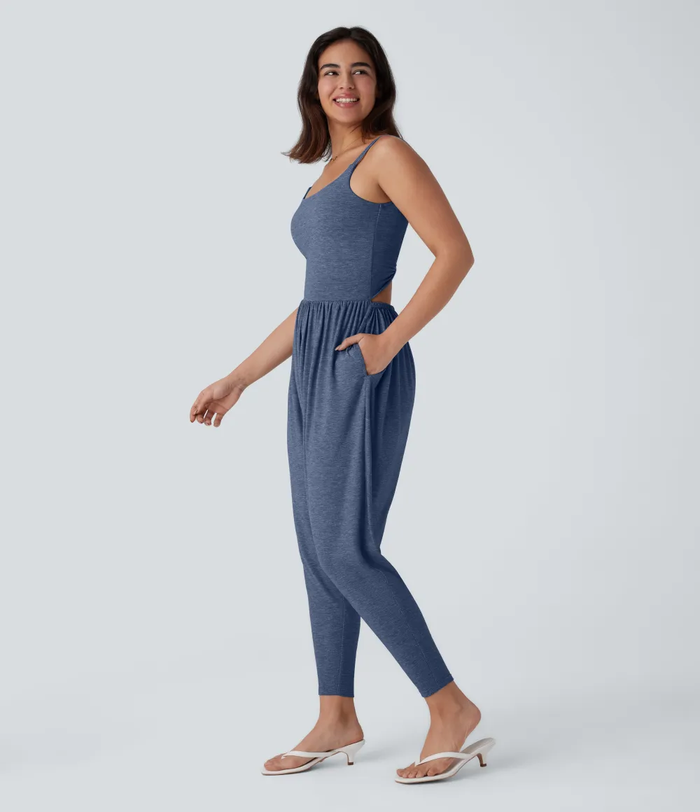 Double Straps Pocket Harem Casual Jumpsuit-Easy Peezy