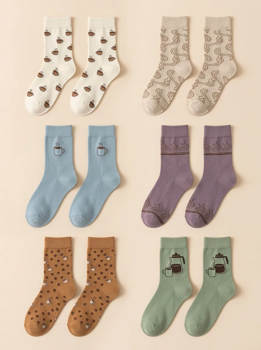 Women's Coffee Mid-Calf Crew Socks Six Pair Set