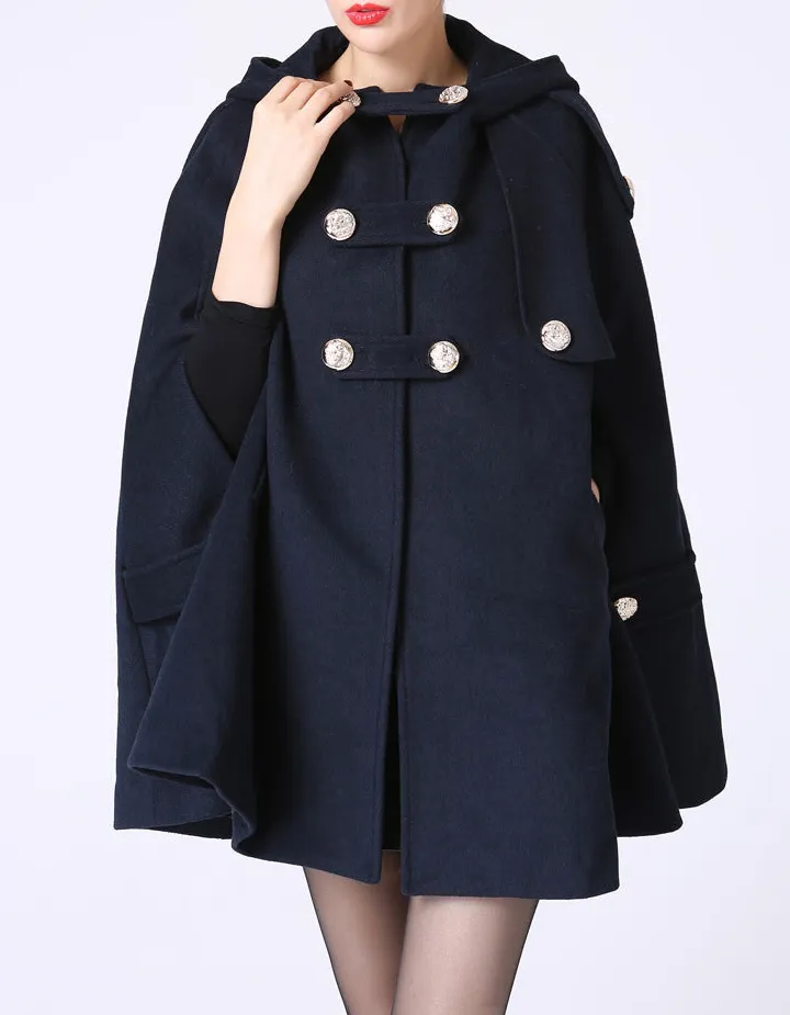 Polished Wool Blend Cape Hooded Double Breasted Cape Detail Coat