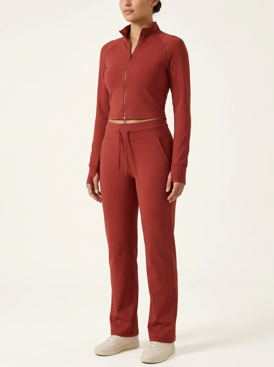 Women's Stand-Collar Zip-Up Cropped Jacket and Straight-Leg Pant Set