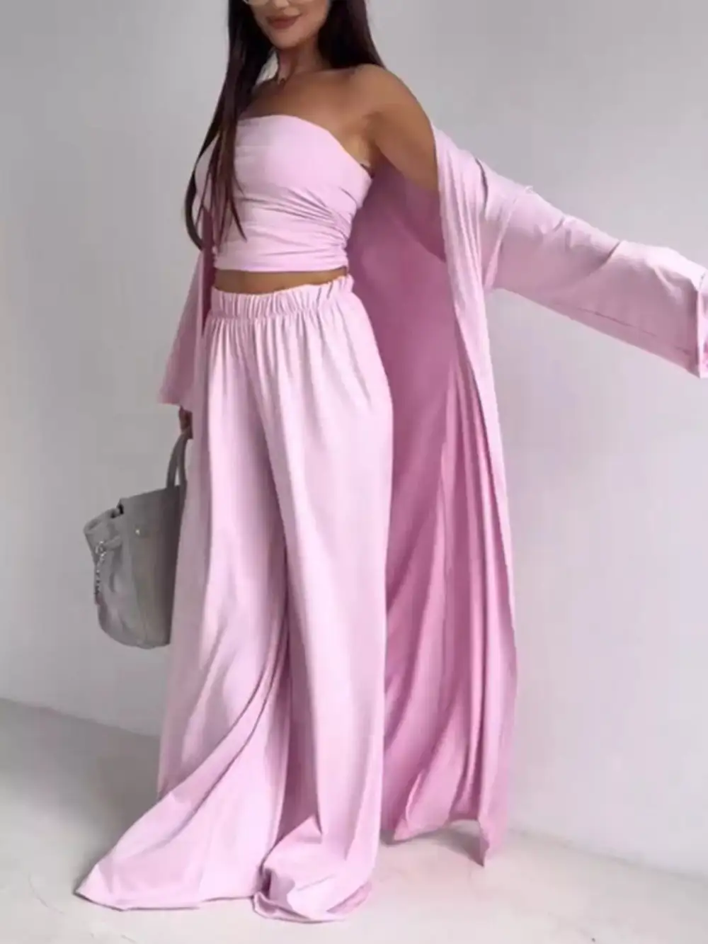 Tube Top & Cardigan & Wide Leg Pants Piece