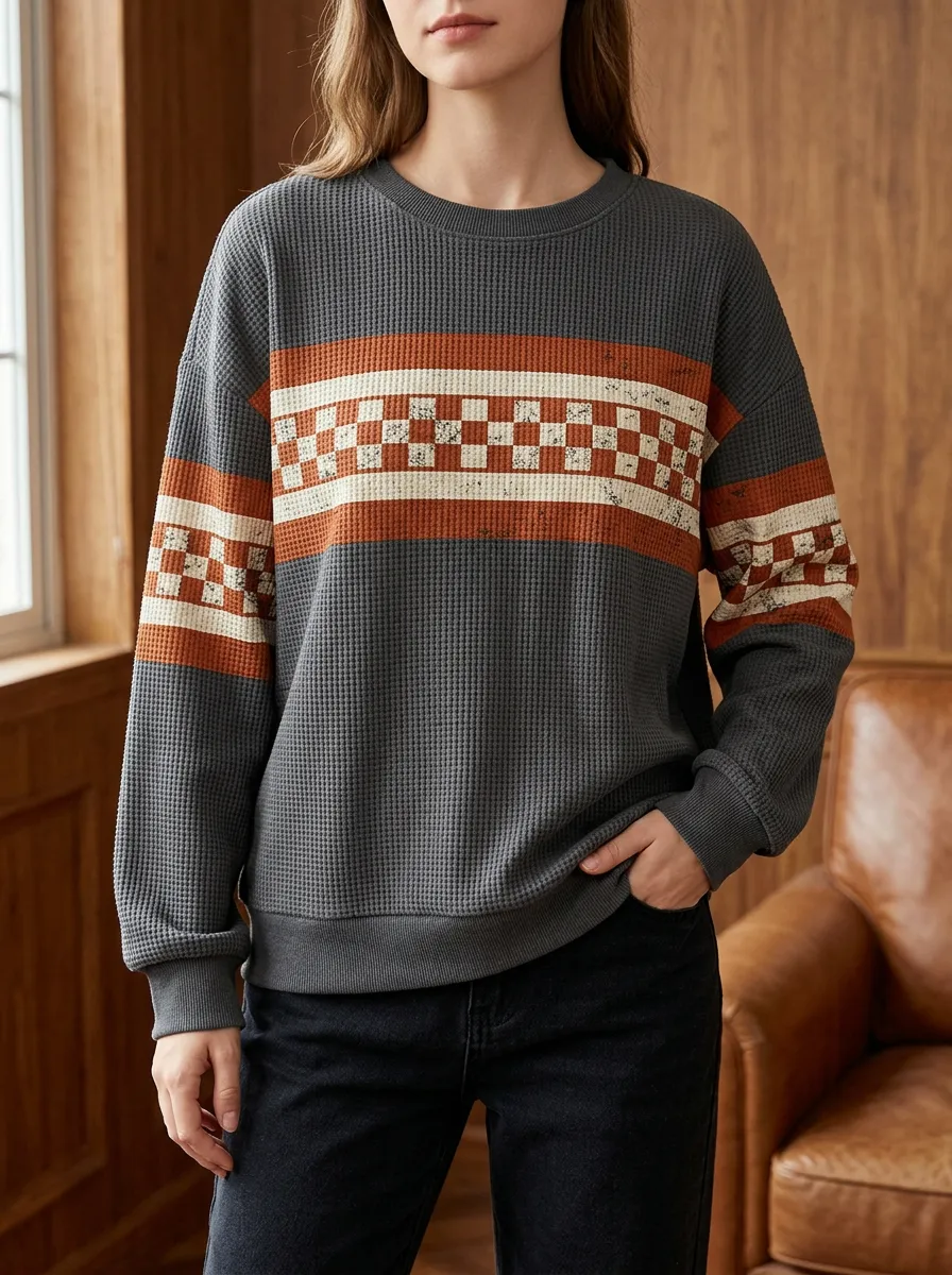 Women's Retro Checkered Stripe Textured Waffle Knit Crewneck Sweatshirt