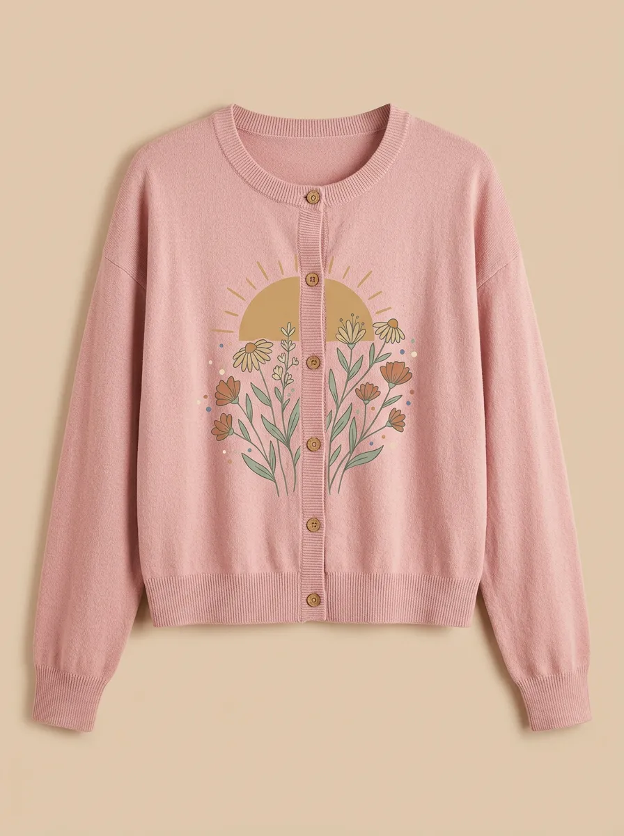 Women's Crewneck Graphic-Print Cardigan