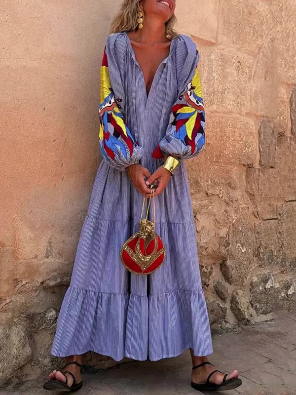 Pleated Printed Long Neck Maxi Dress