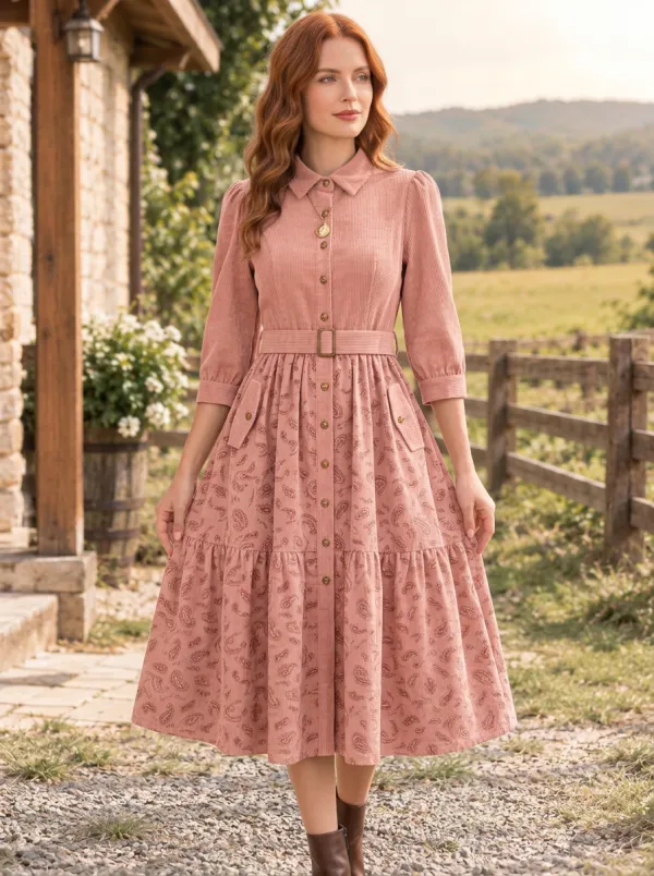 Women's Rust Vintage Paisley Corduroy High-Waist 3/4 Sleeve Midi Dress