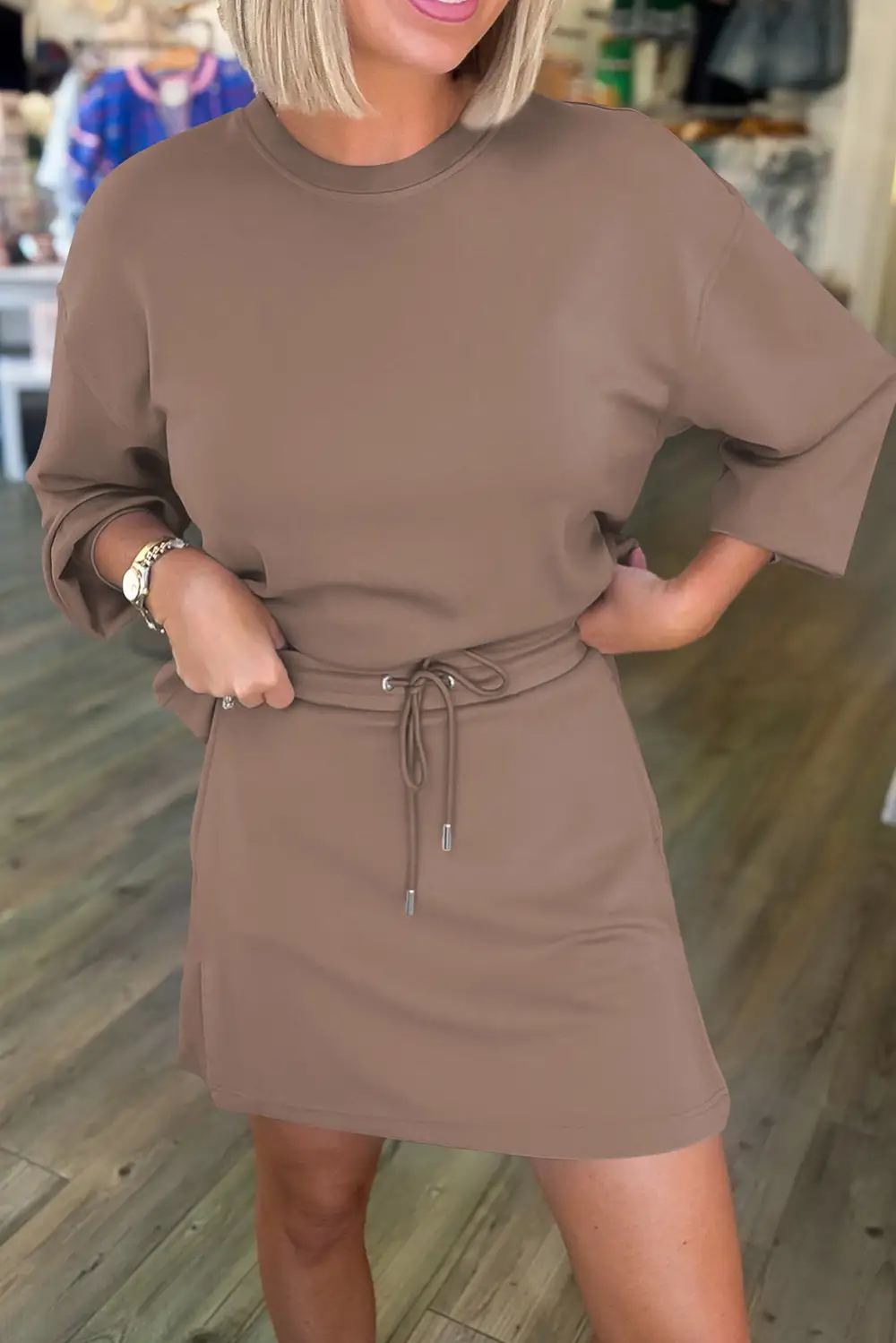 Women's Solid Color Drop Shoulder Pullover Drawstring Mini Skirt Two Piece Outfit