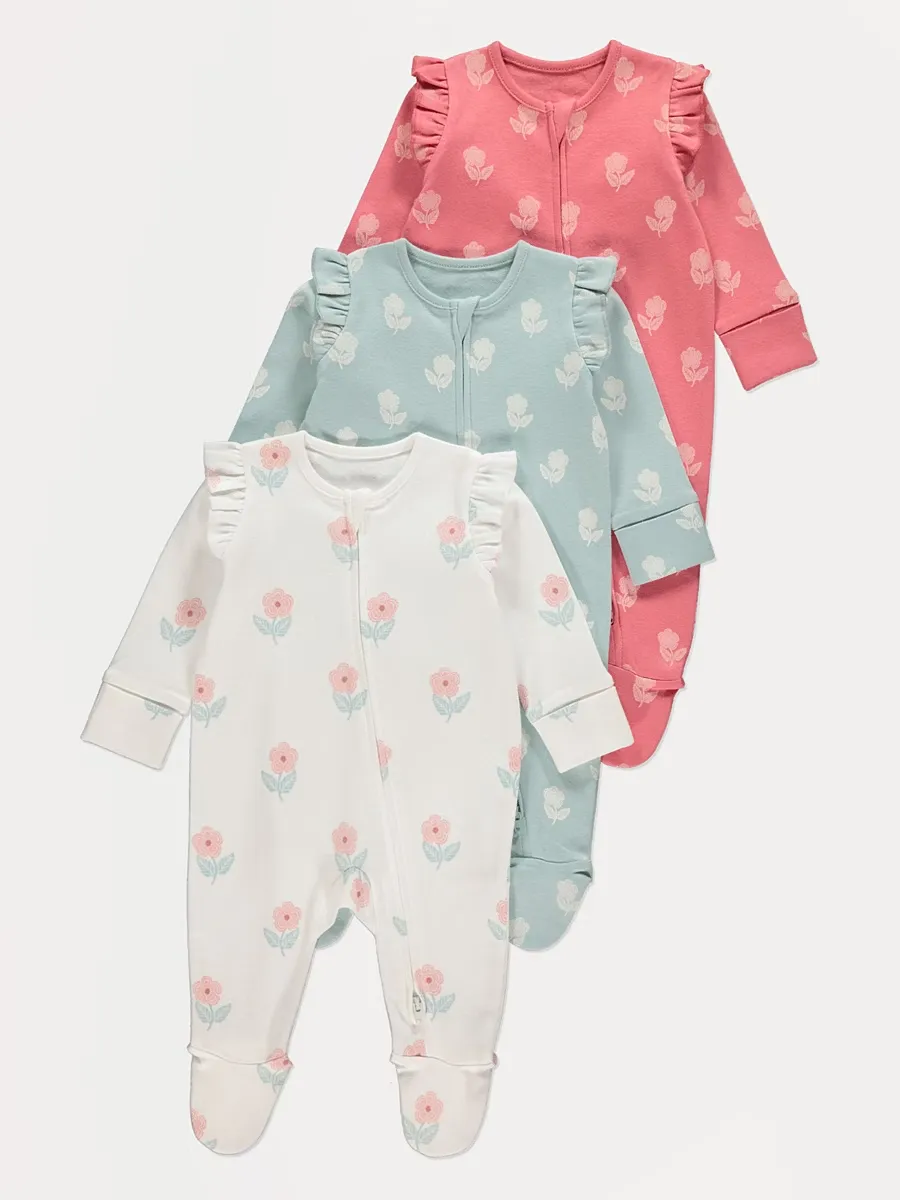 Floral Frill Sleeve Zip Fasten Sleepsuits 3 Pack