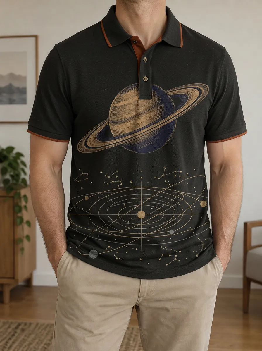 Men's Astronomy Lover Saturn Solar System Printed Polo Shirt Leisure Casual Style