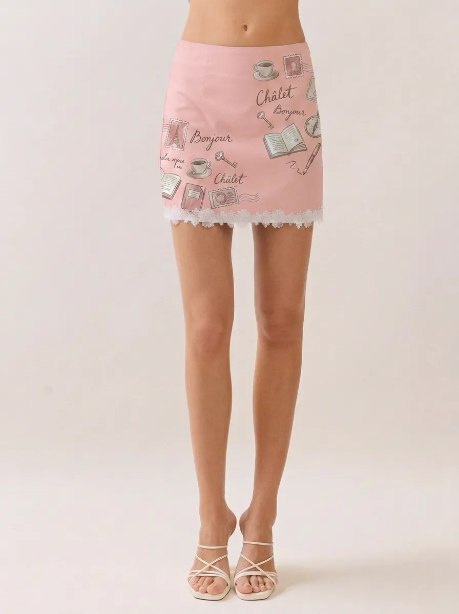 Women's Paris Travel Lover Bonjour Stamp Printed Mini Skirt