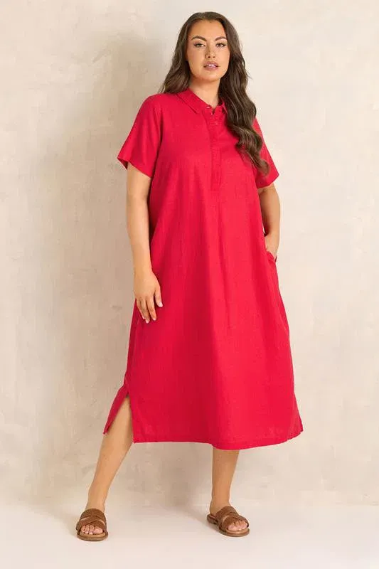 Red Premium Linen Shirt Dress