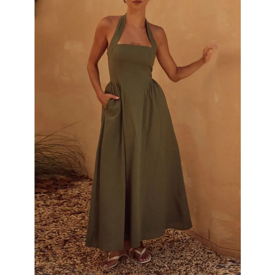 Relaxed Halter Neck Maxi Dress with Pockets