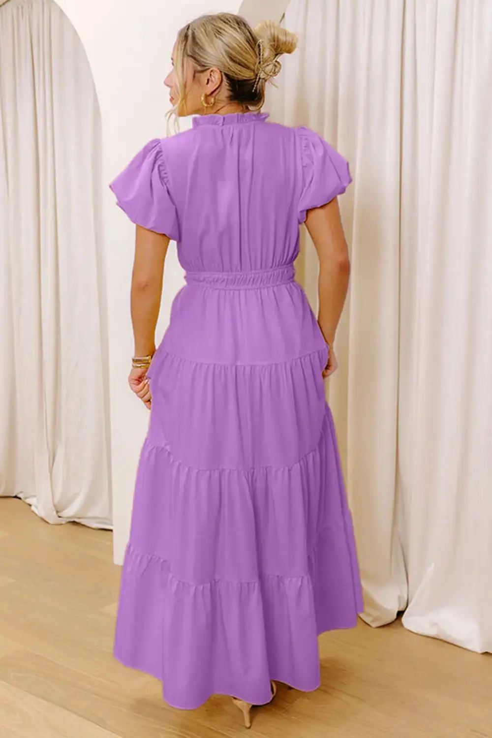 Clean Line V Neck Tiered Puff Sleeve Maxi Dress