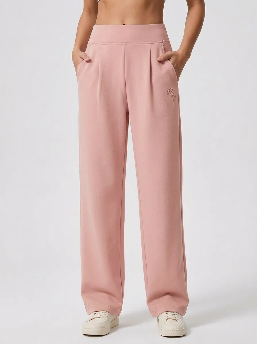Women's Minimalist Sage Green Floral Embroidered Wide Leg Trousers