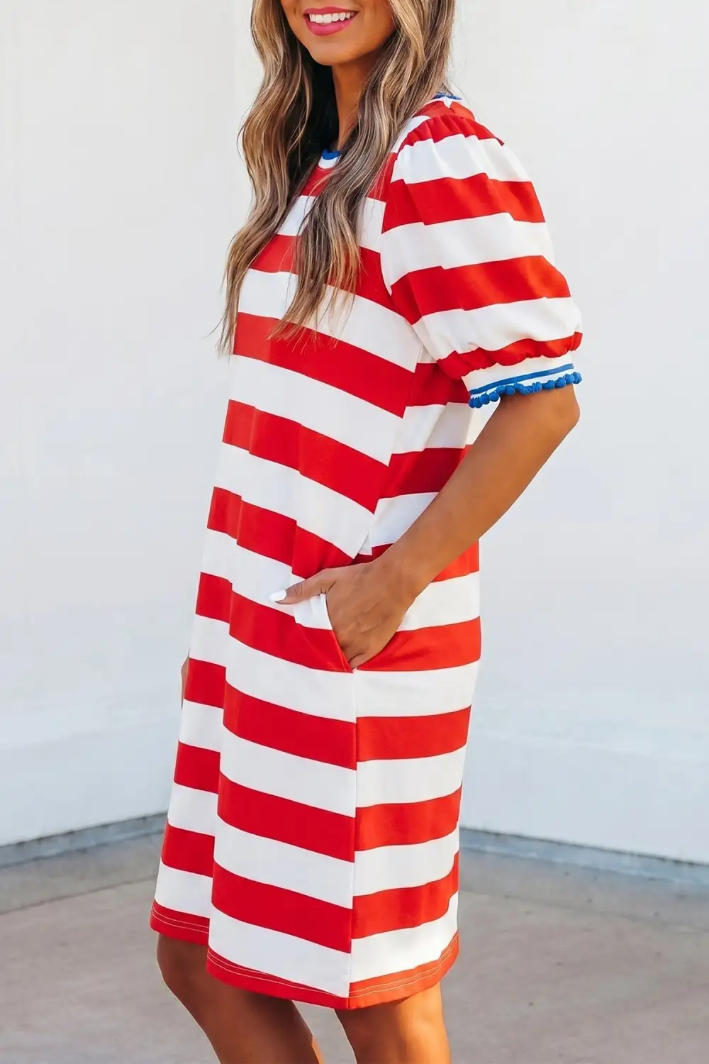 Women's Striped Round Neck Puff Sleeve Shift Mini Dress