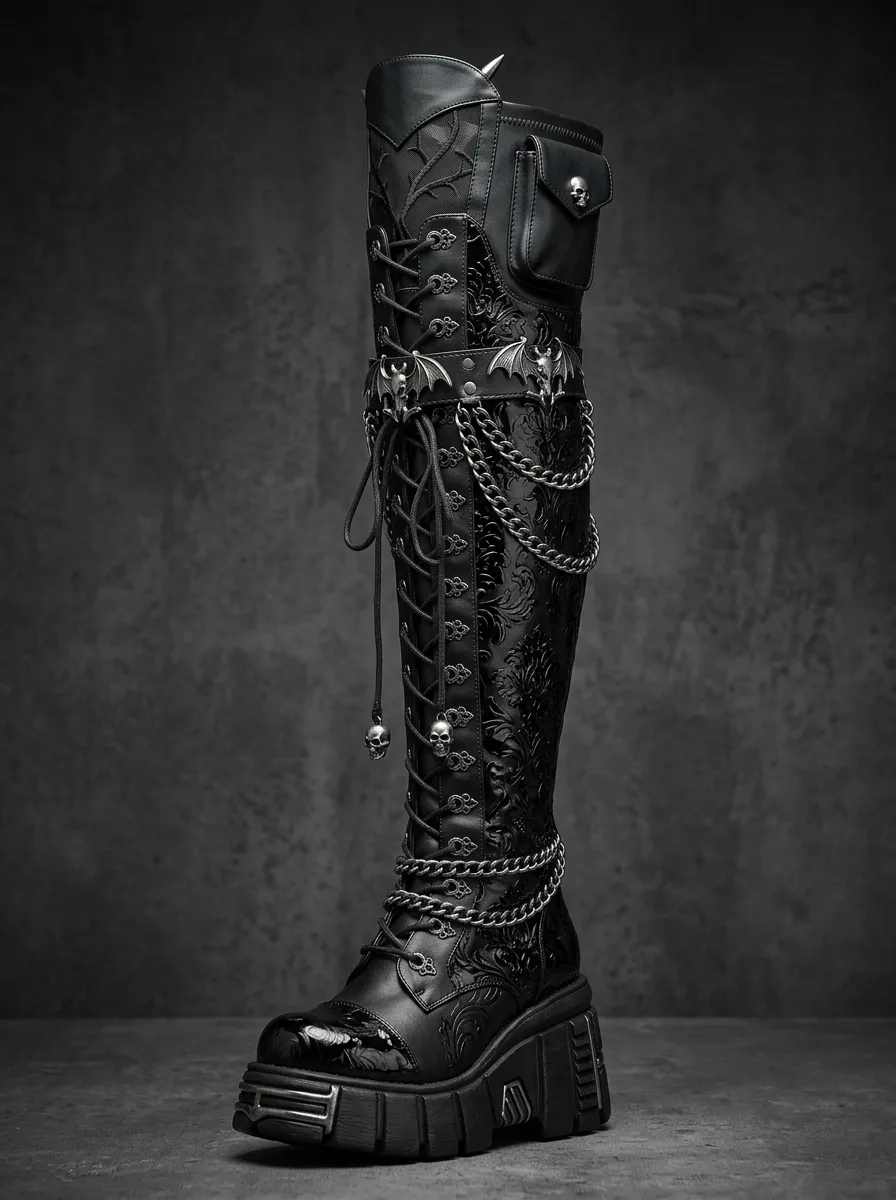 Heritage Skull Bat Chain Finish Women's Gothic Platform Knee High Boots