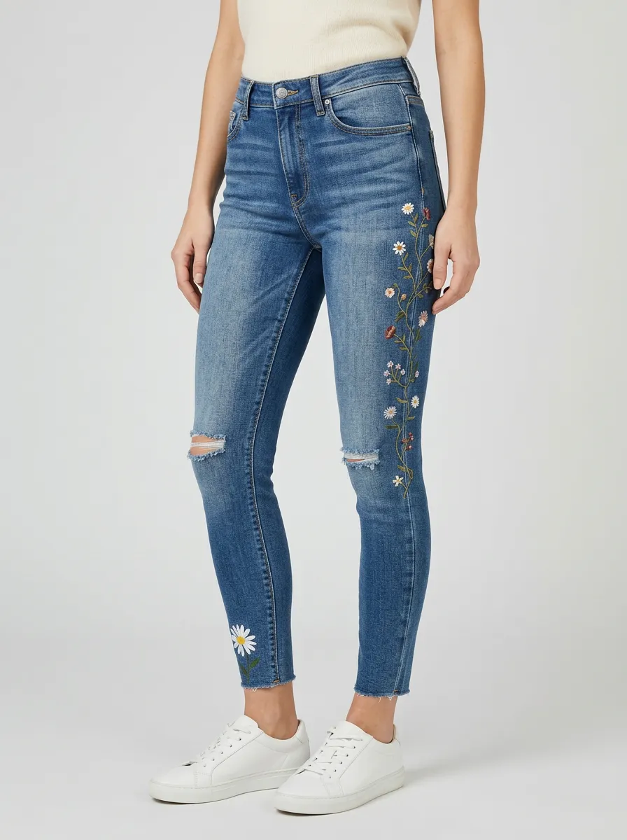 Women's Floral Daisy Embroidered Ripped Graphic Slim Jeans