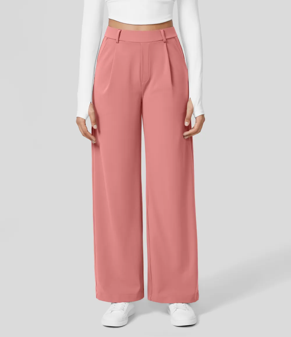 2026🔥  High Waisted Plicated Side Pocket Straight Leg Work Pants