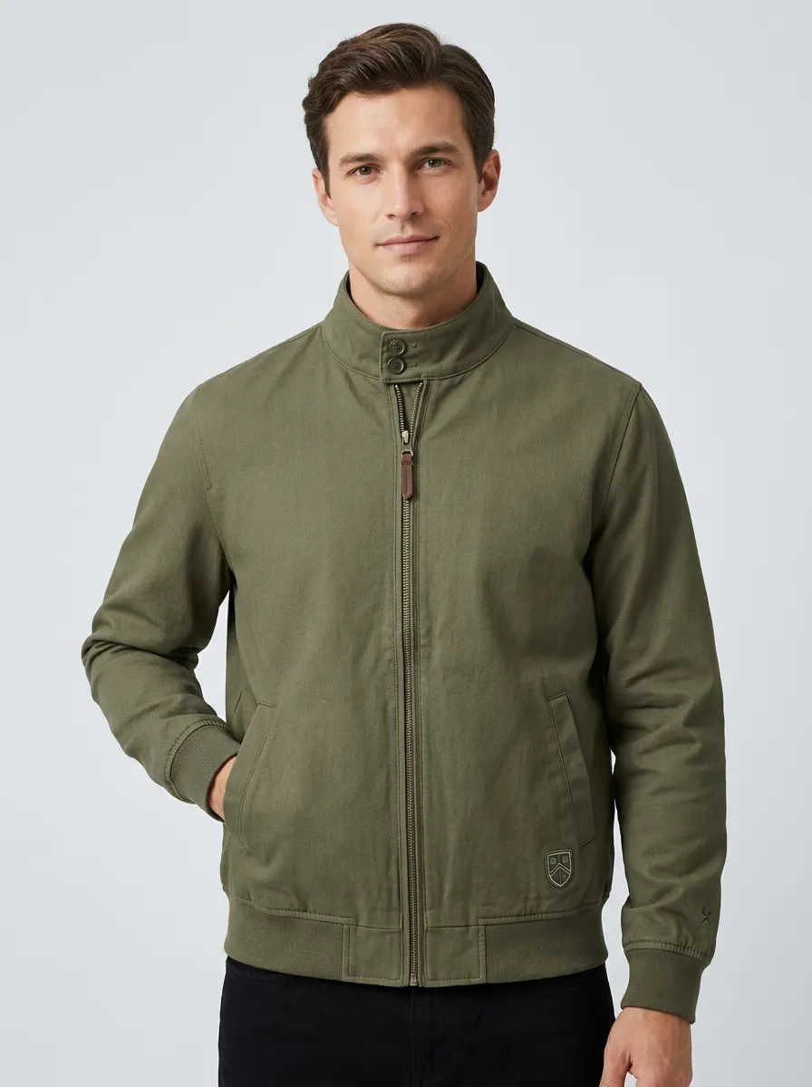 Men's Casual Olive Green Stand Collar Zip-up Jacket