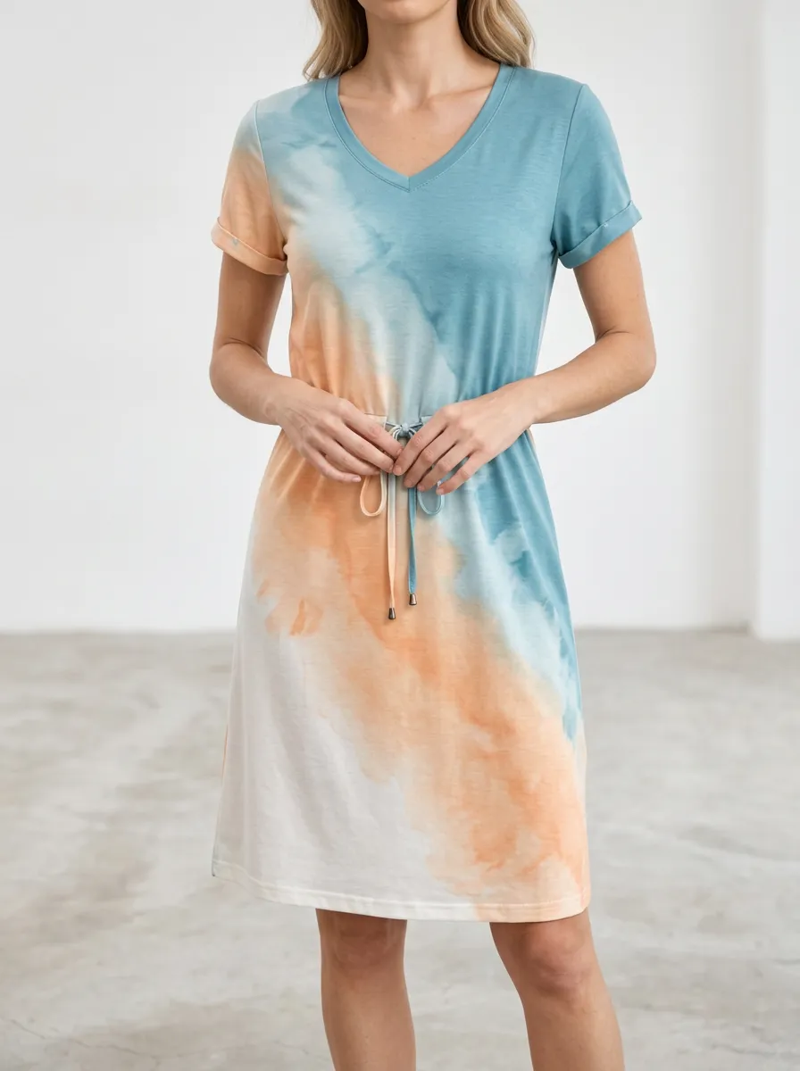Women's Casual Summer Blue Orange Tie-Dye Printed V-Neck Dress