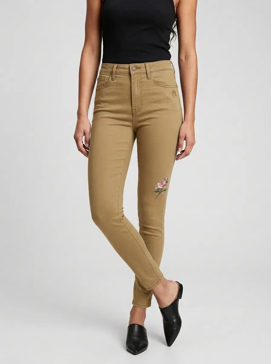 Women's Floral Pink Rose Embroidered Slim Jeans