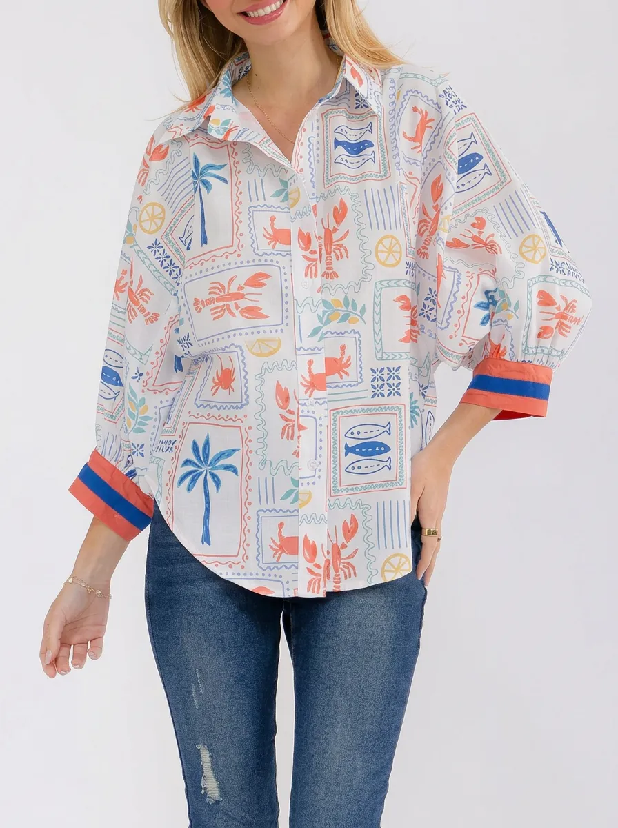 Women's Coastal Summer Lobster Fish Palm Graphic Button-Up Shirt